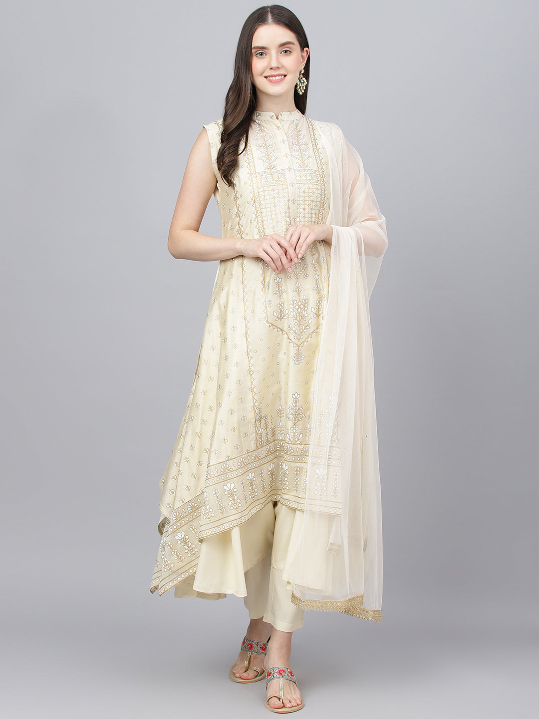 Women's Cream Chanderi kurta Pant Set with Net Dupatta - Taantav