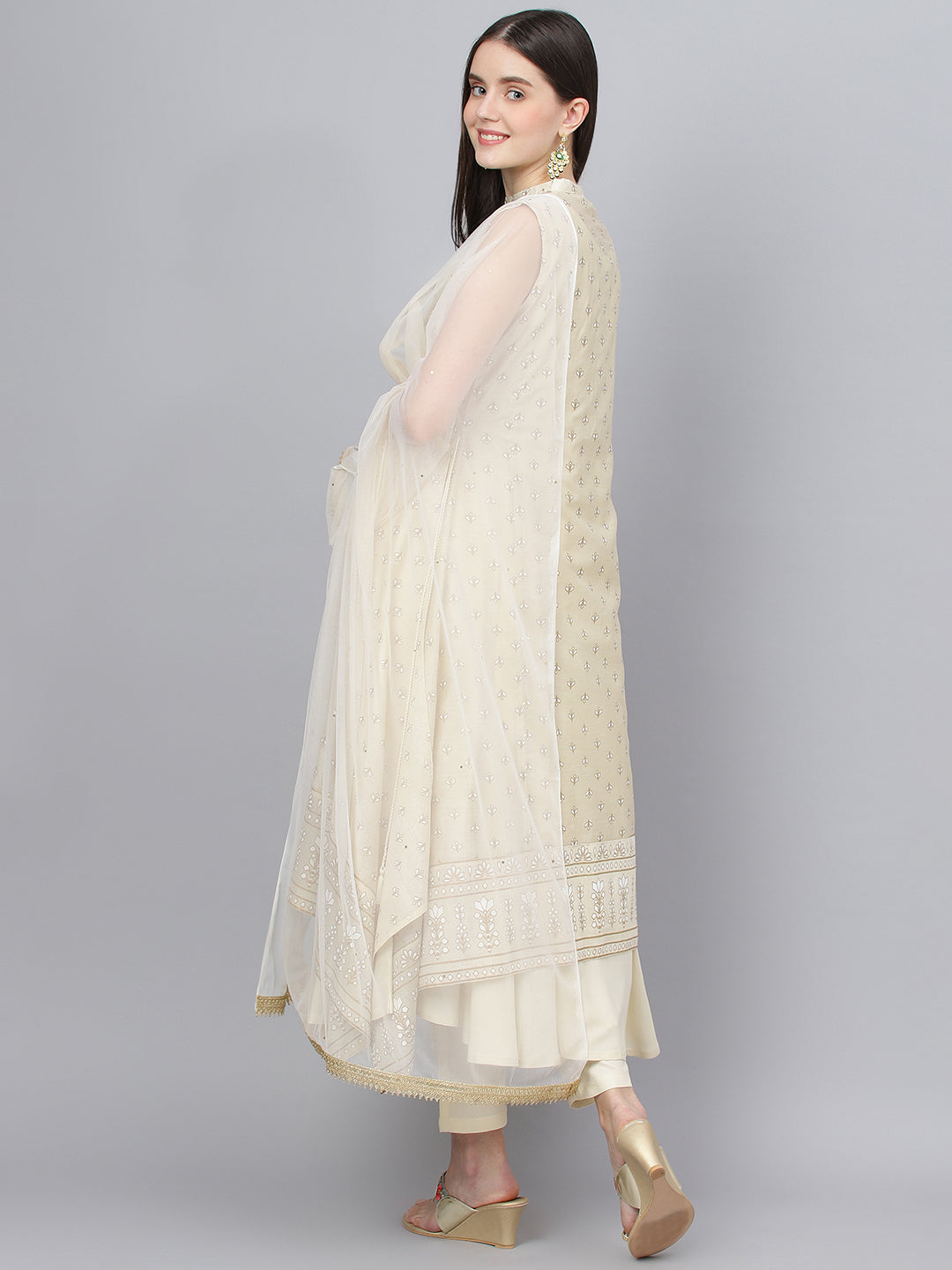 Women's Cream Chanderi kurta Pant Set with Net Dupatta - Taantav