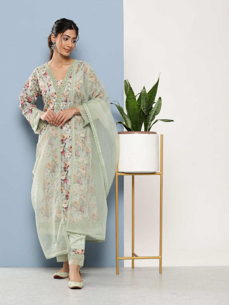 Women's Poly Chanderi Floral Printed Kurta Pant Set with Organza Dupatta