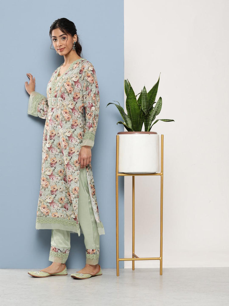 Women's Poly Chanderi Floral Printed Kurta Pant Set with Organza Dupatta