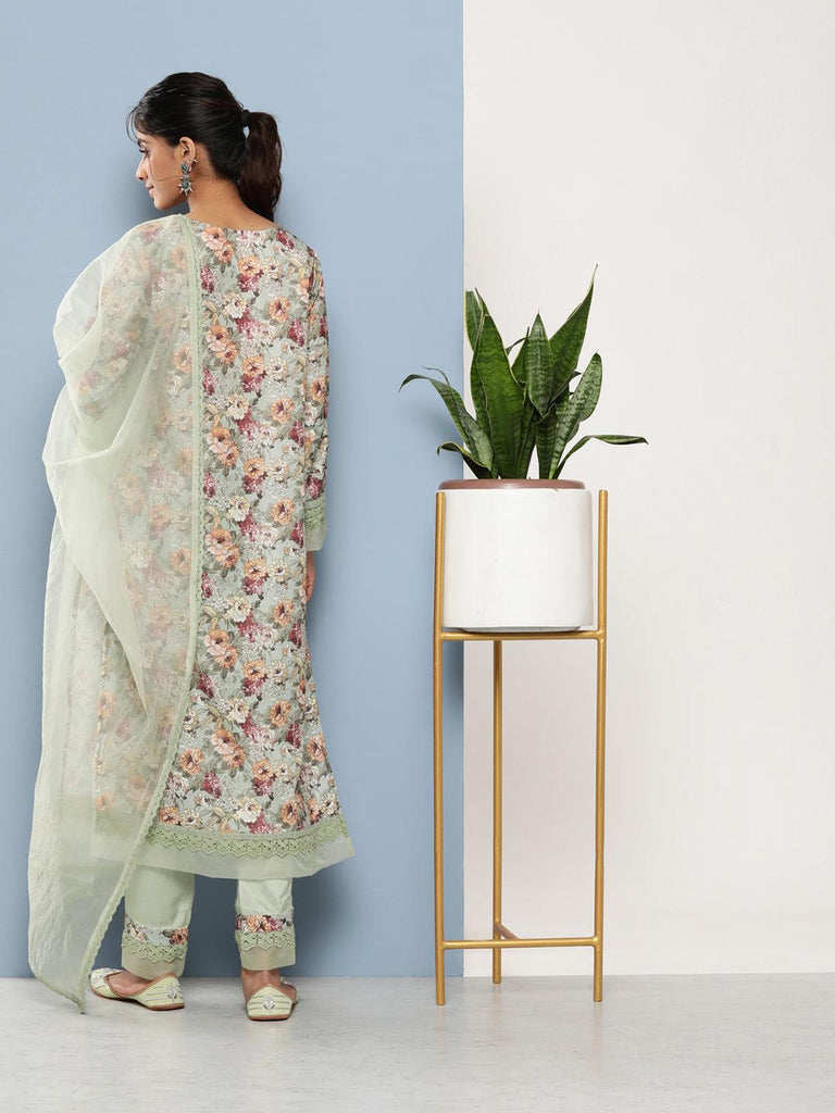 Women's Poly Chanderi Floral Printed Kurta Pant Set with Organza Dupatta