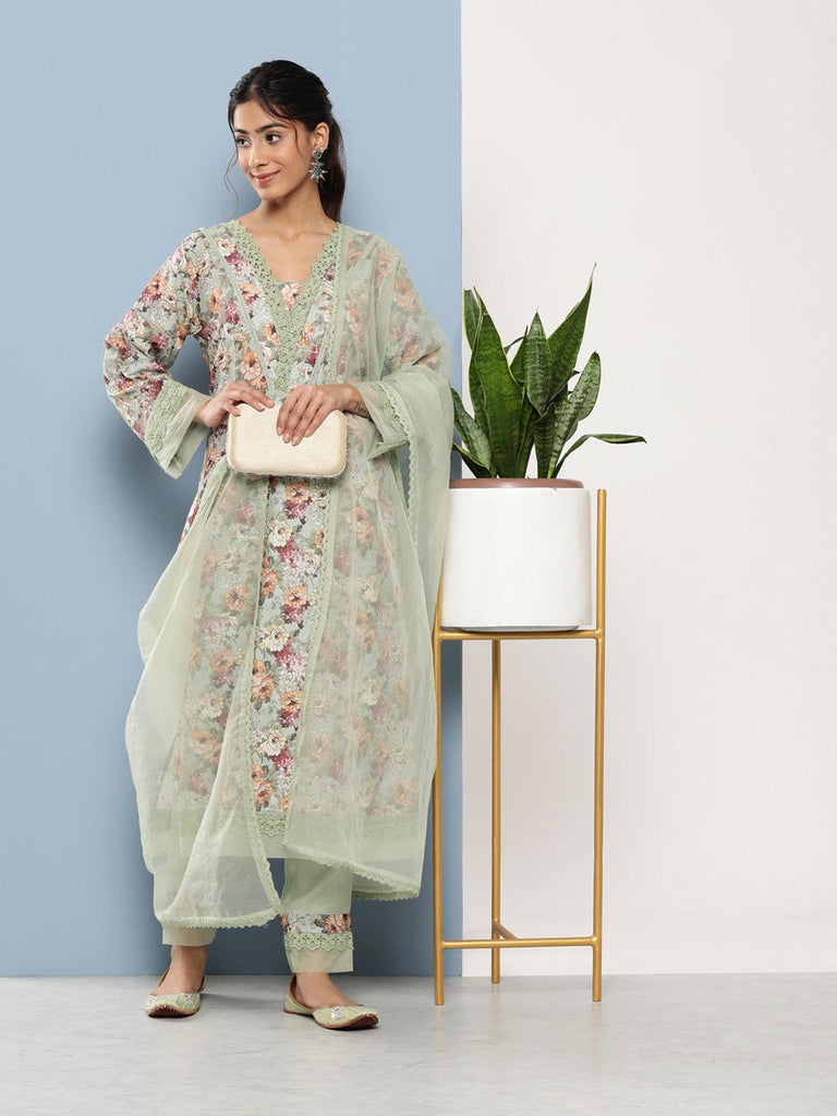 Women's Poly Chanderi Floral Printed Kurta Pant Set with Organza Dupatta