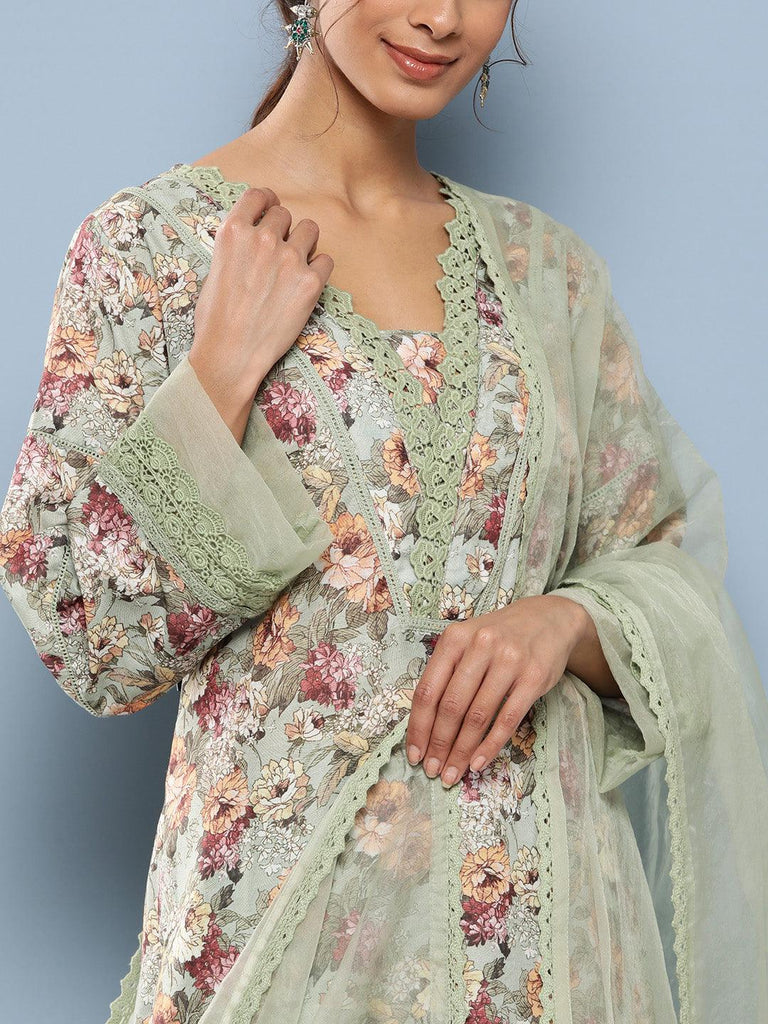 Women's Poly Chanderi Floral Printed Kurta Pant Set with Organza Dupatta