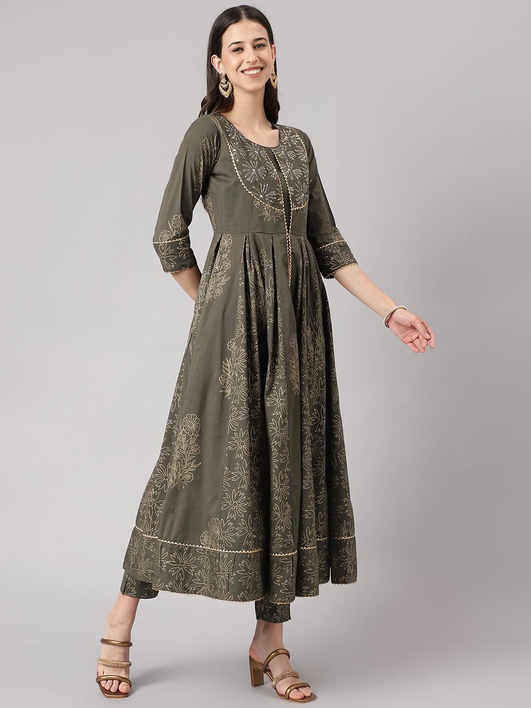 Women's Olive Green Hand Block Cotton Kurta Pant Set with Dupatta - Taantav