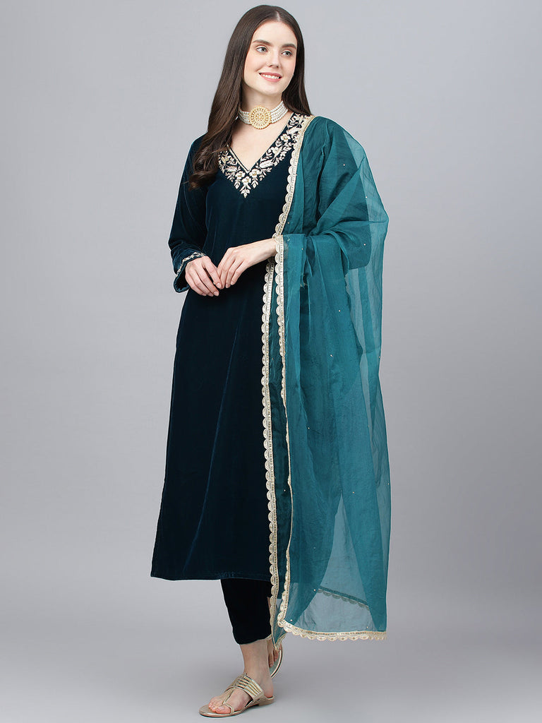 Women's Teal Green Velvet hand work Kurta pant With Organza Dupatta set