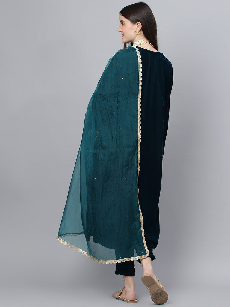 Women's Teal Green Velvet hand work Kurta pant With Organza Dupatta set