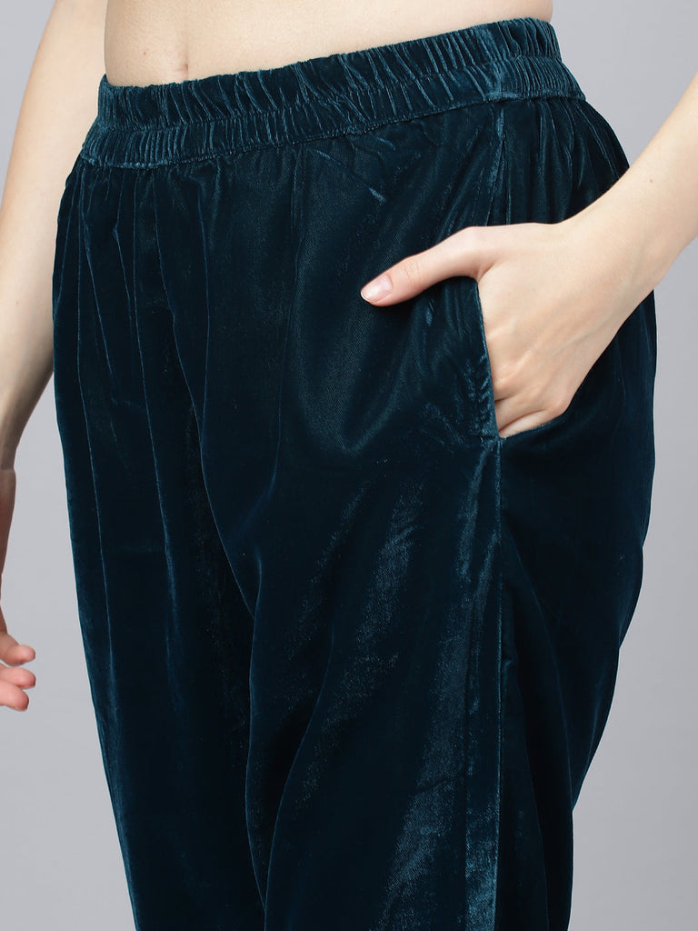 Women's Teal Green Velvet hand work Kurta pant With Organza Dupatta set