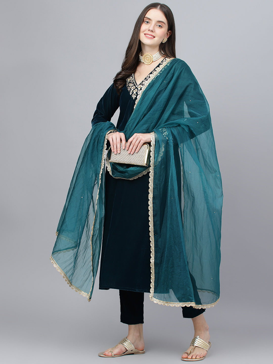 Women's Teal Green Velvet hand work Kurta pant With Organza Dupatta set - Taantav