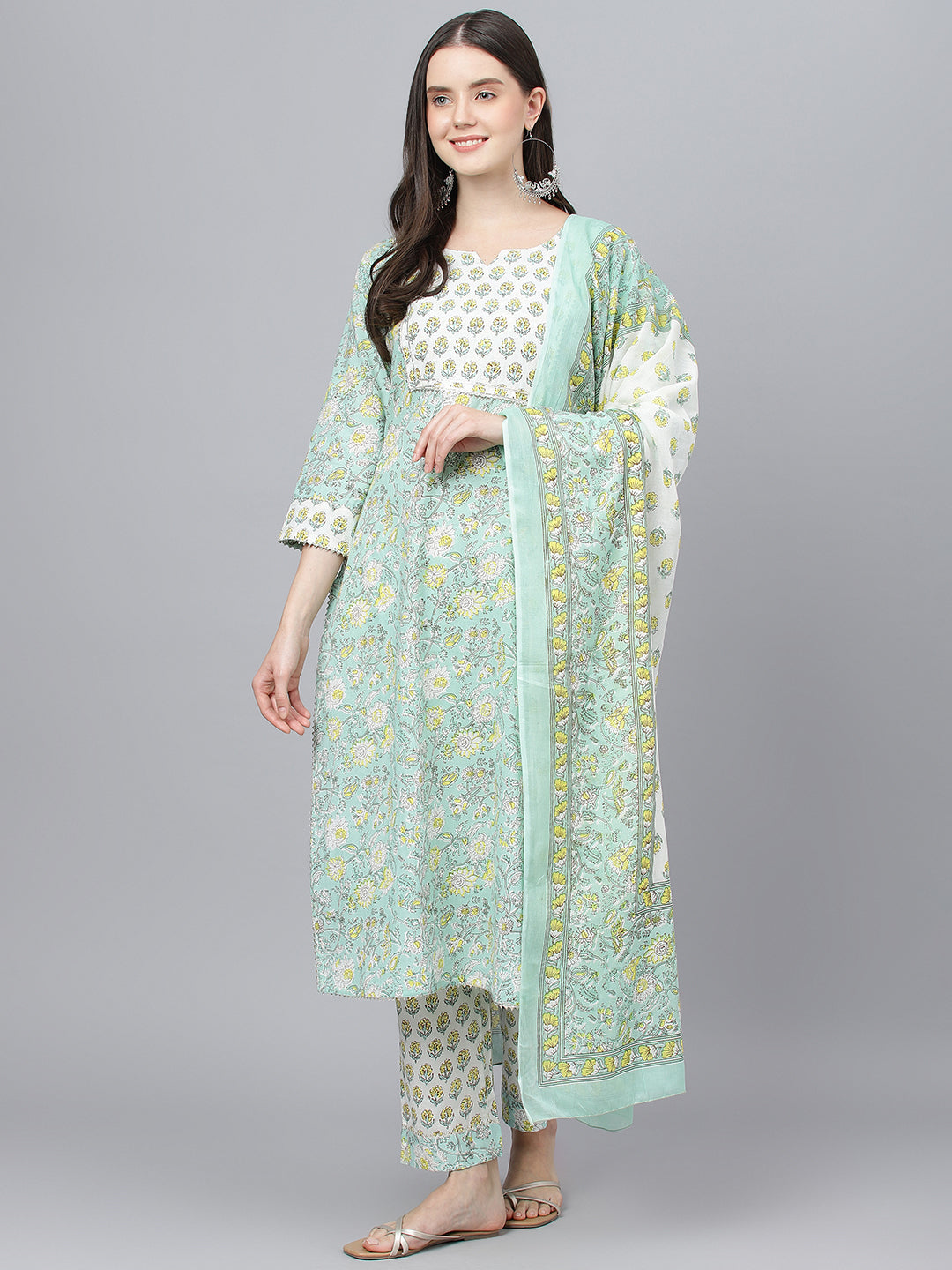 Women's Mint Green Floral Printed Kurta Pant set With Dupatta - Taantav