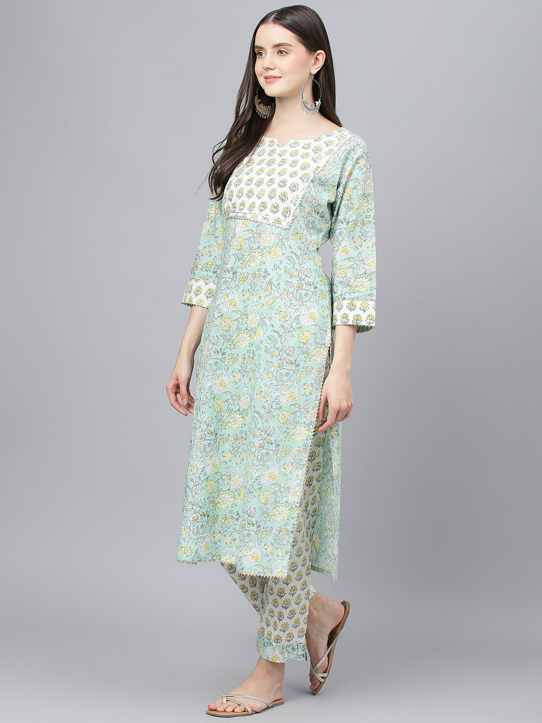 Women's Mint Green Floral Printed Kurta Pant set With Dupatta - Taantav