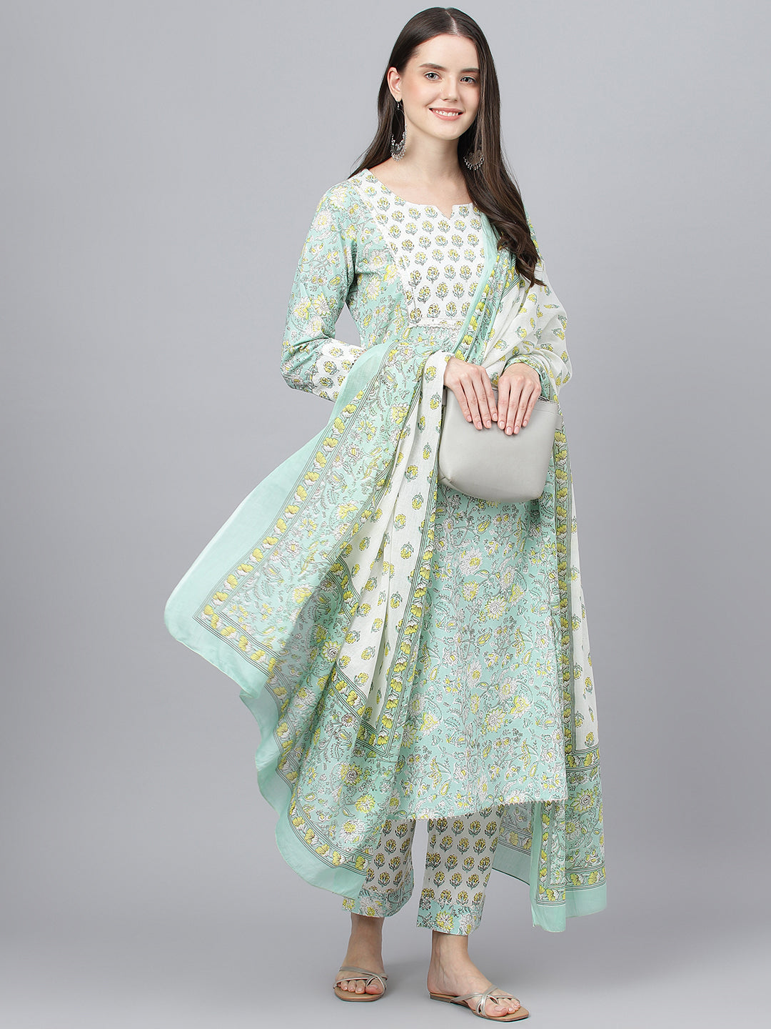 Women's Mint Green Floral Printed Kurta Pant set With Dupatta - Taantav