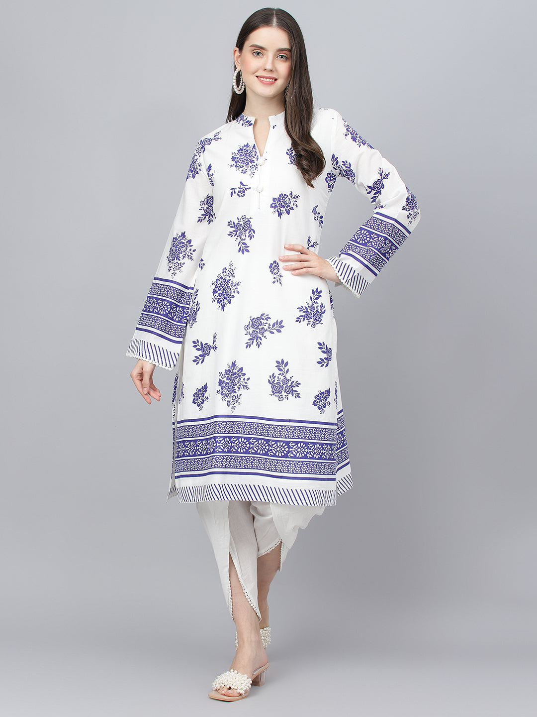 Women's White Floral Printed Straight Kurta With tulip pant - Taantav