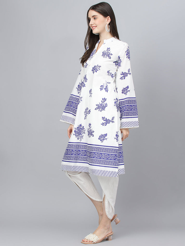 Women's White Floral Printed Straight Kurta With tulip pant
