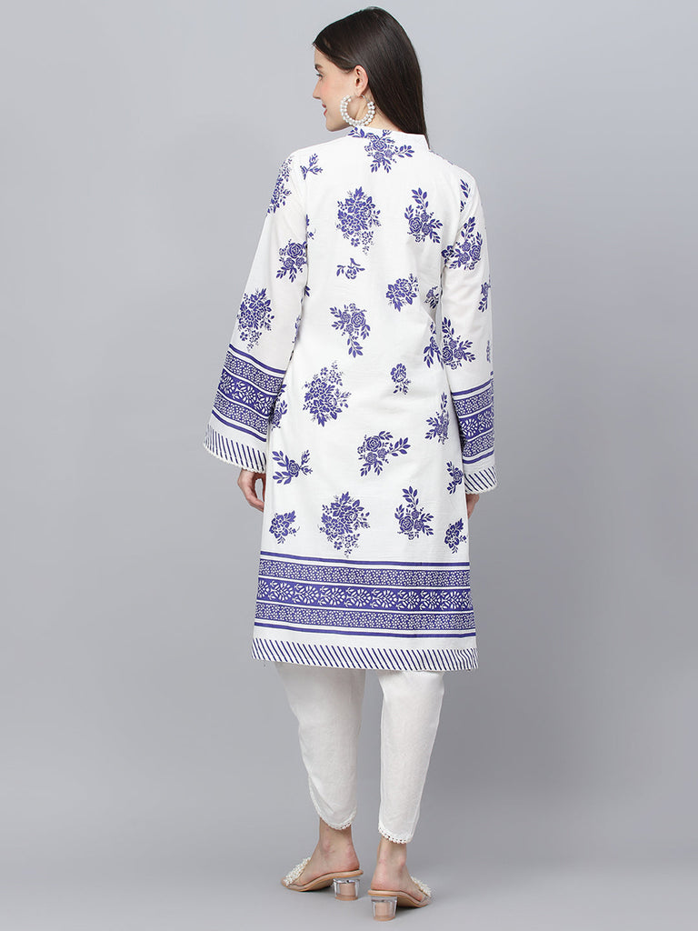 Women's White Floral Printed Straight Kurta With tulip pant