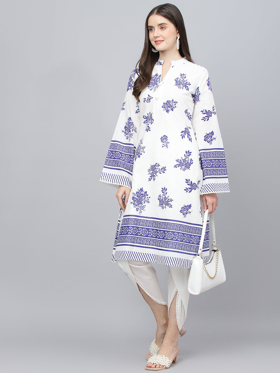 Women's White Floral Printed Straight Kurta With tulip pant - Taantav