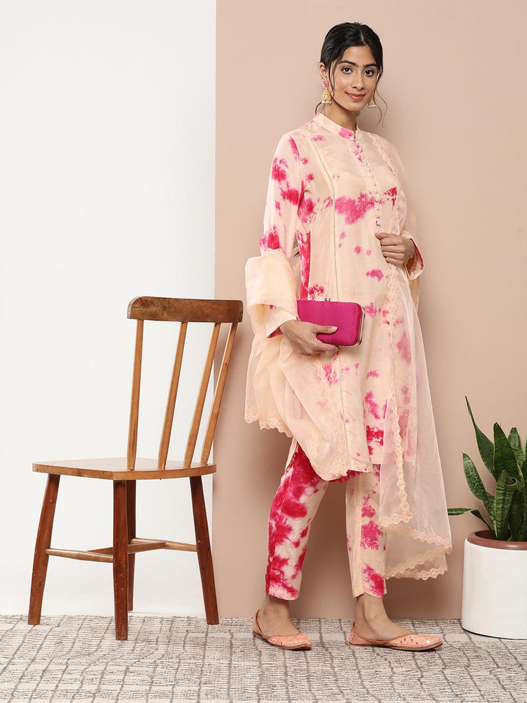 Women's Muslin Tie and dye Printed Kurta Pant Set with Organza Dupatta