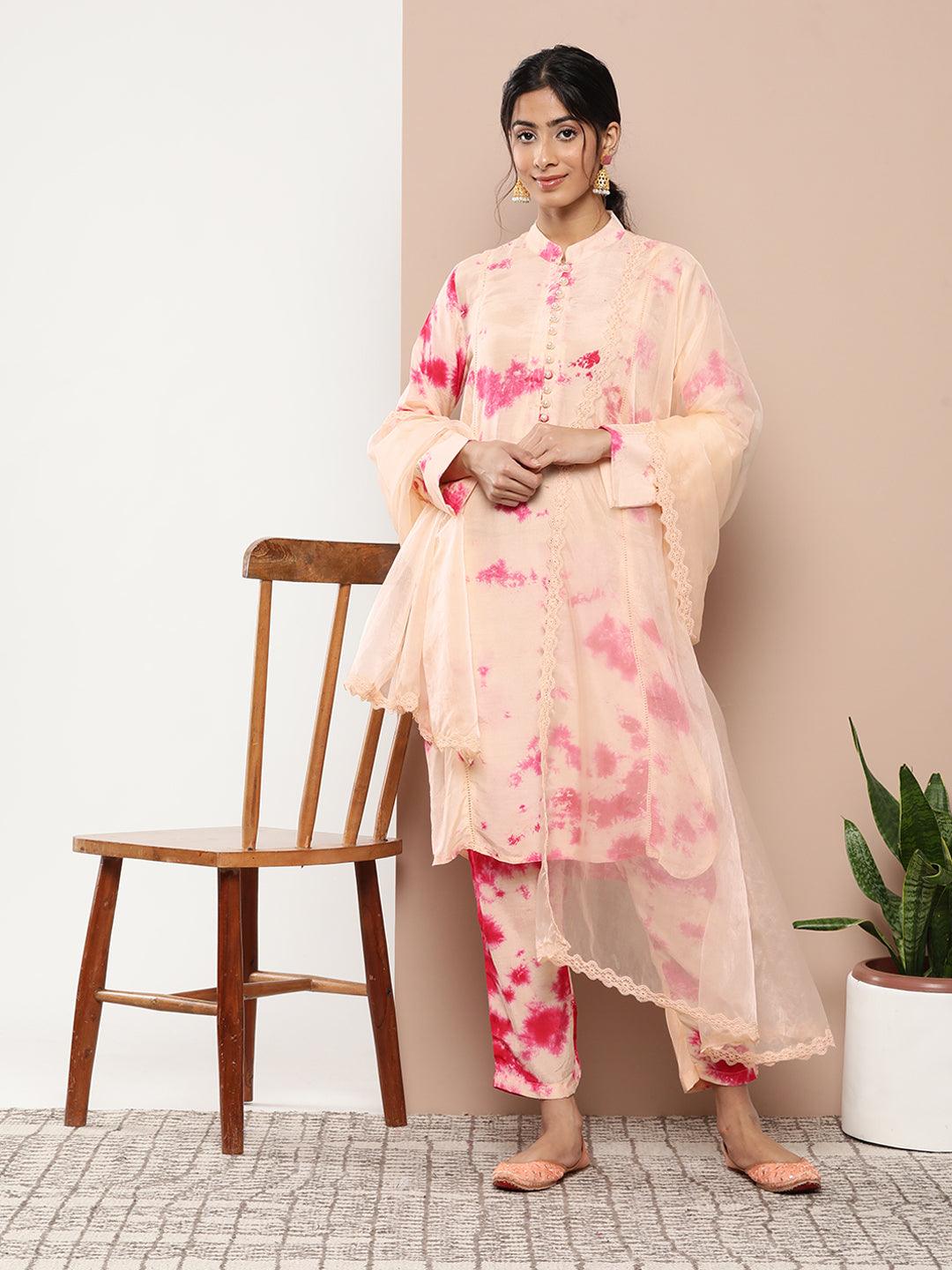 Women's Muslin Tie and dye Printed Kurta Pant Set with Organza Dupatta - Taantav