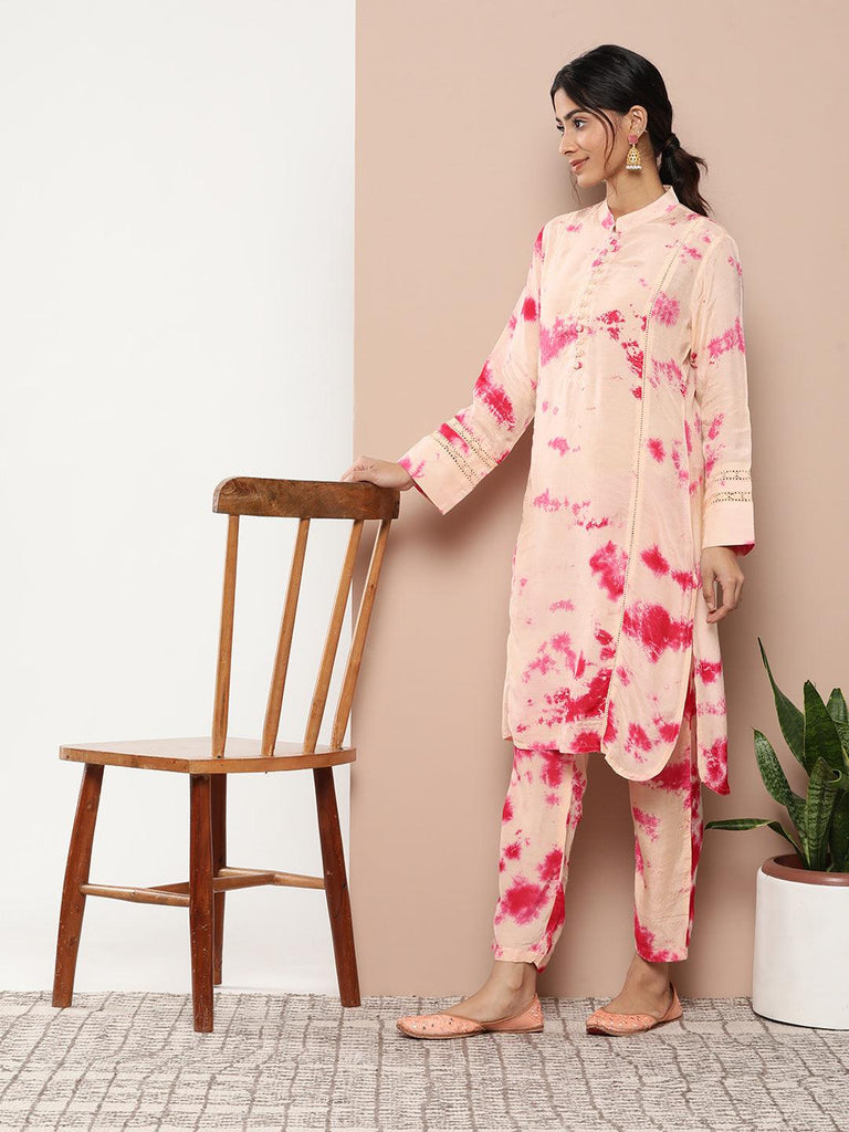 Women's Muslin Tie and dye Printed Kurta Pant Set with Organza Dupatta