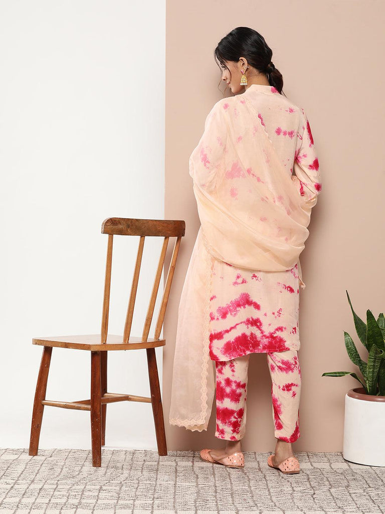 Women's Muslin Tie and dye Printed Kurta Pant Set with Organza Dupatta