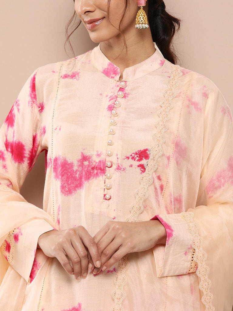 Women's Muslin Tie and dye Printed Kurta Pant Set with Organza Dupatta