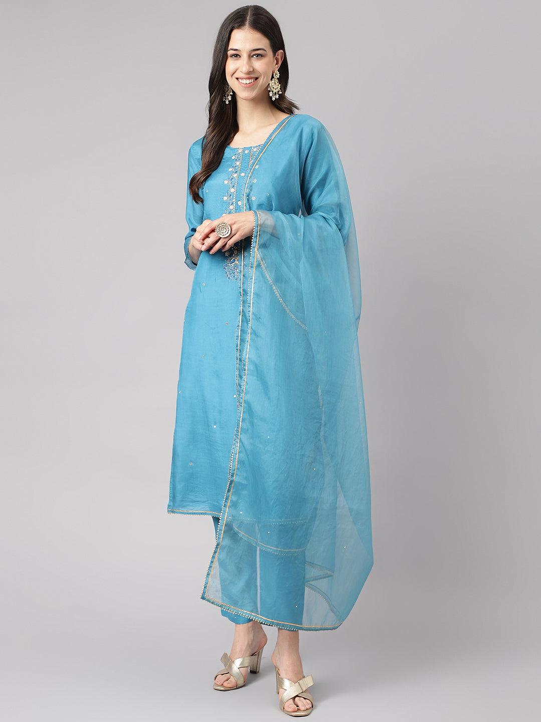 Women's Teal Blue Muslin Embroidery Kurta pant Set with Organza Dupatta - Taantav