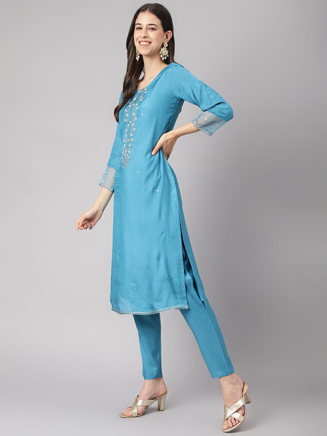 Women's Teal Blue Muslin Embroidery Kurta pant Set with Organza Dupatta - Taantav