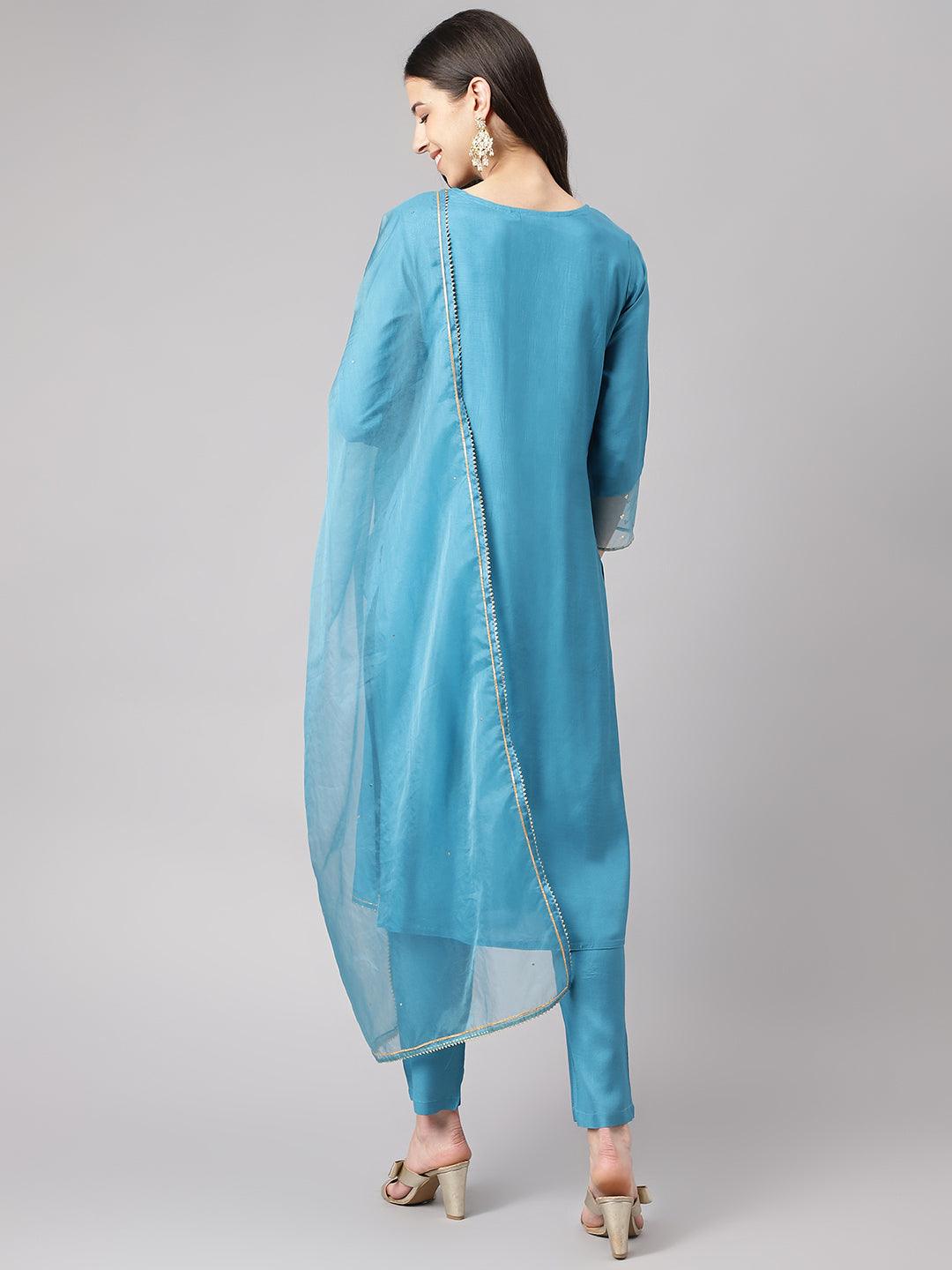 Women's Teal Blue Muslin Embroidery Kurta pant Set with Organza Dupatta - Taantav