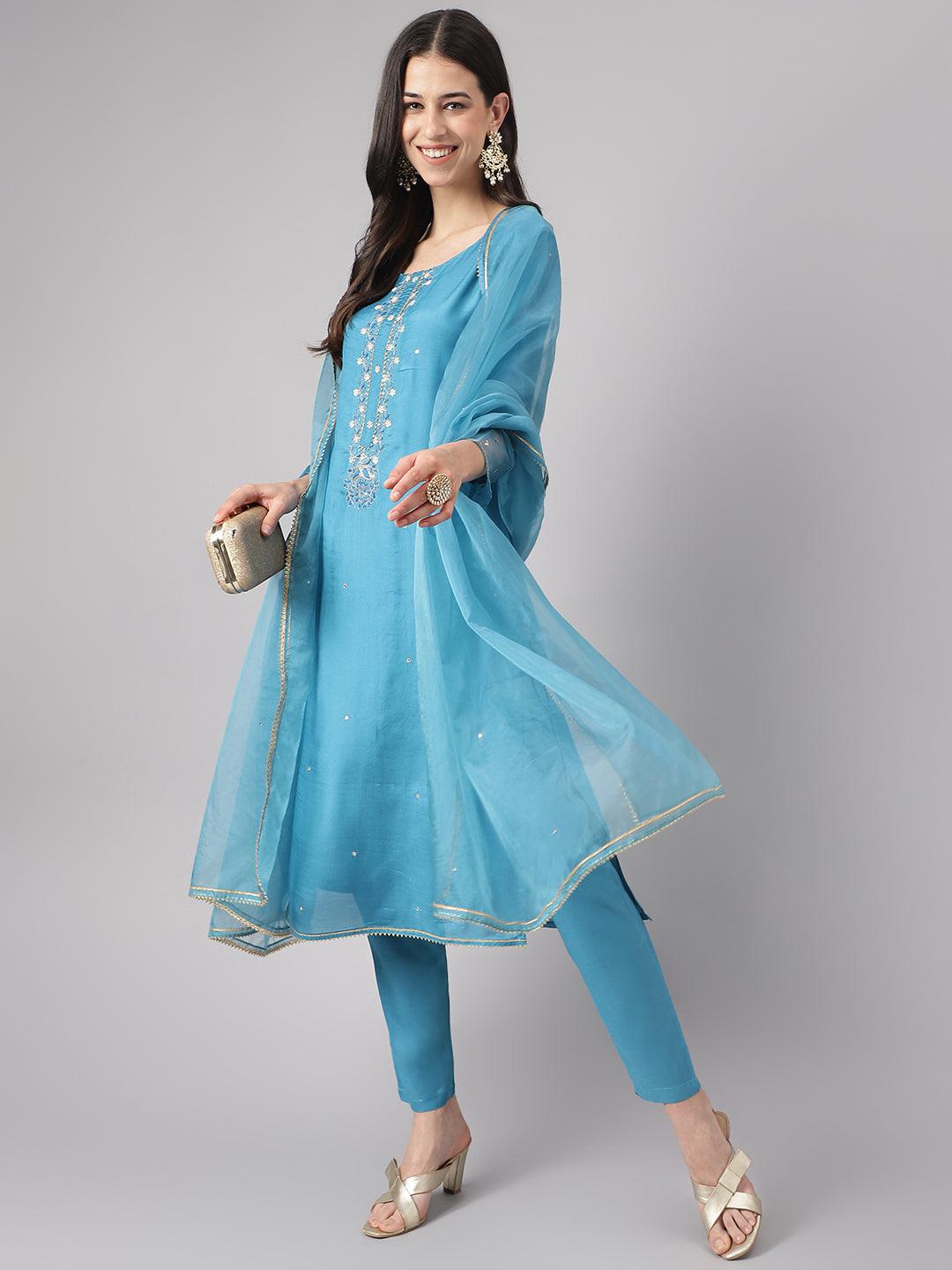 Women's Teal Blue Muslin Embroidery Kurta pant Set with Organza Dupatta - Taantav