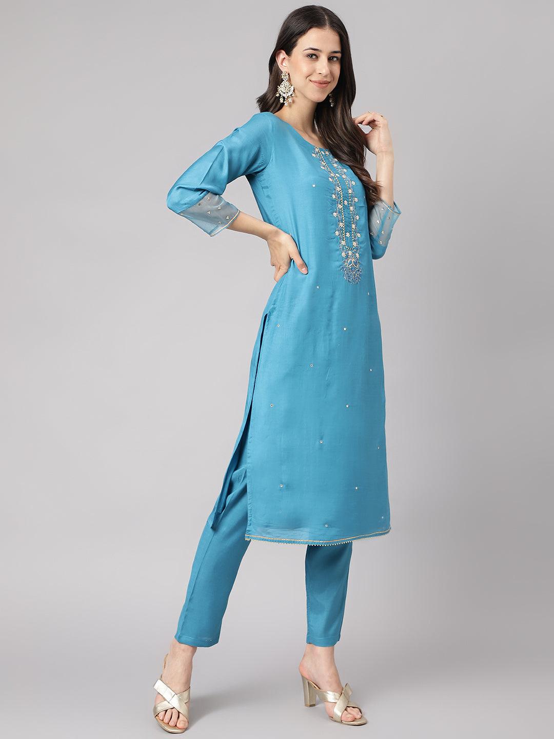 Women's Teal Blue Muslin Embroidery Kurta pant Set with Organza Dupatta - Taantav