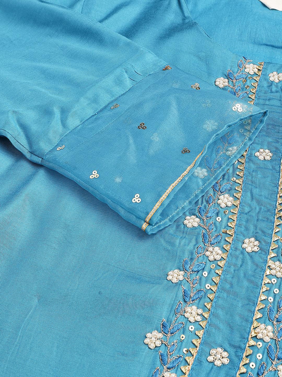 Women's Teal Blue Muslin Embroidery Kurta pant Set with Organza Dupatta - Taantav