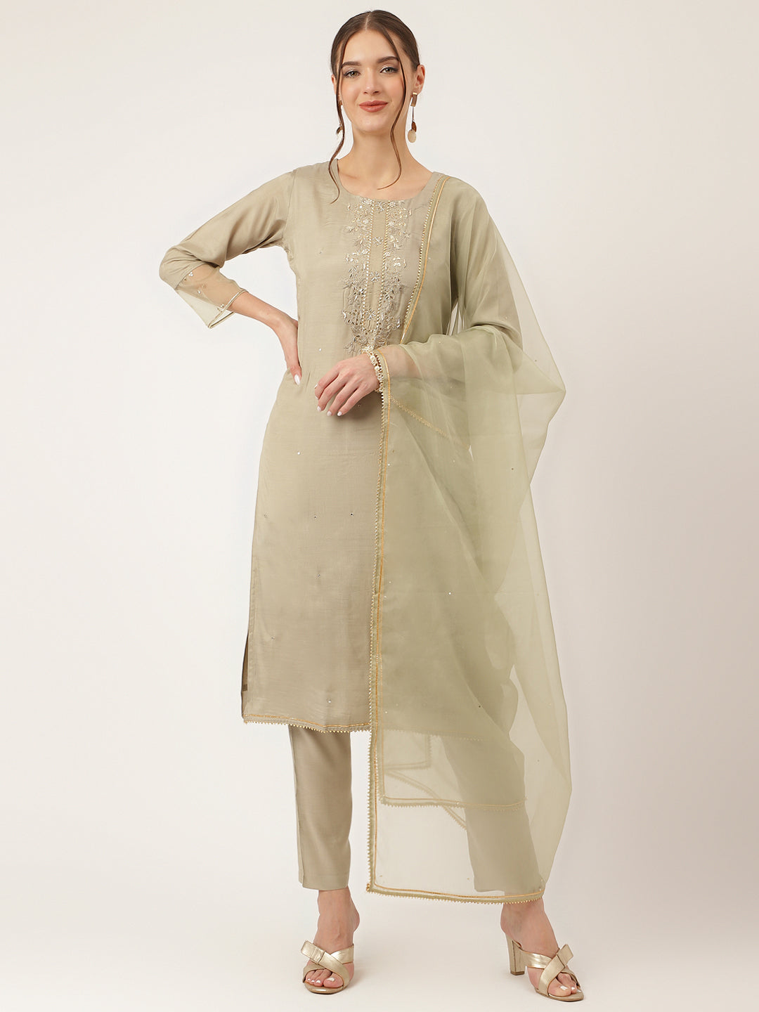 Women's Green Embroidered Chanderi Kurta, Trouser With Dupatta - Taantav