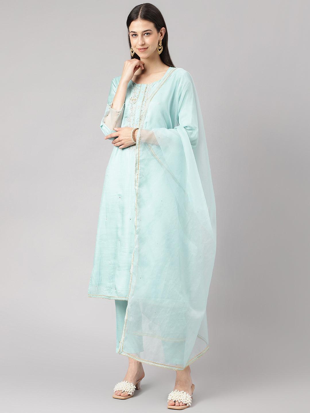 Women's Sea Green Muslin Embroidery Kurta pant Set with Organza Dupatta - Taantav