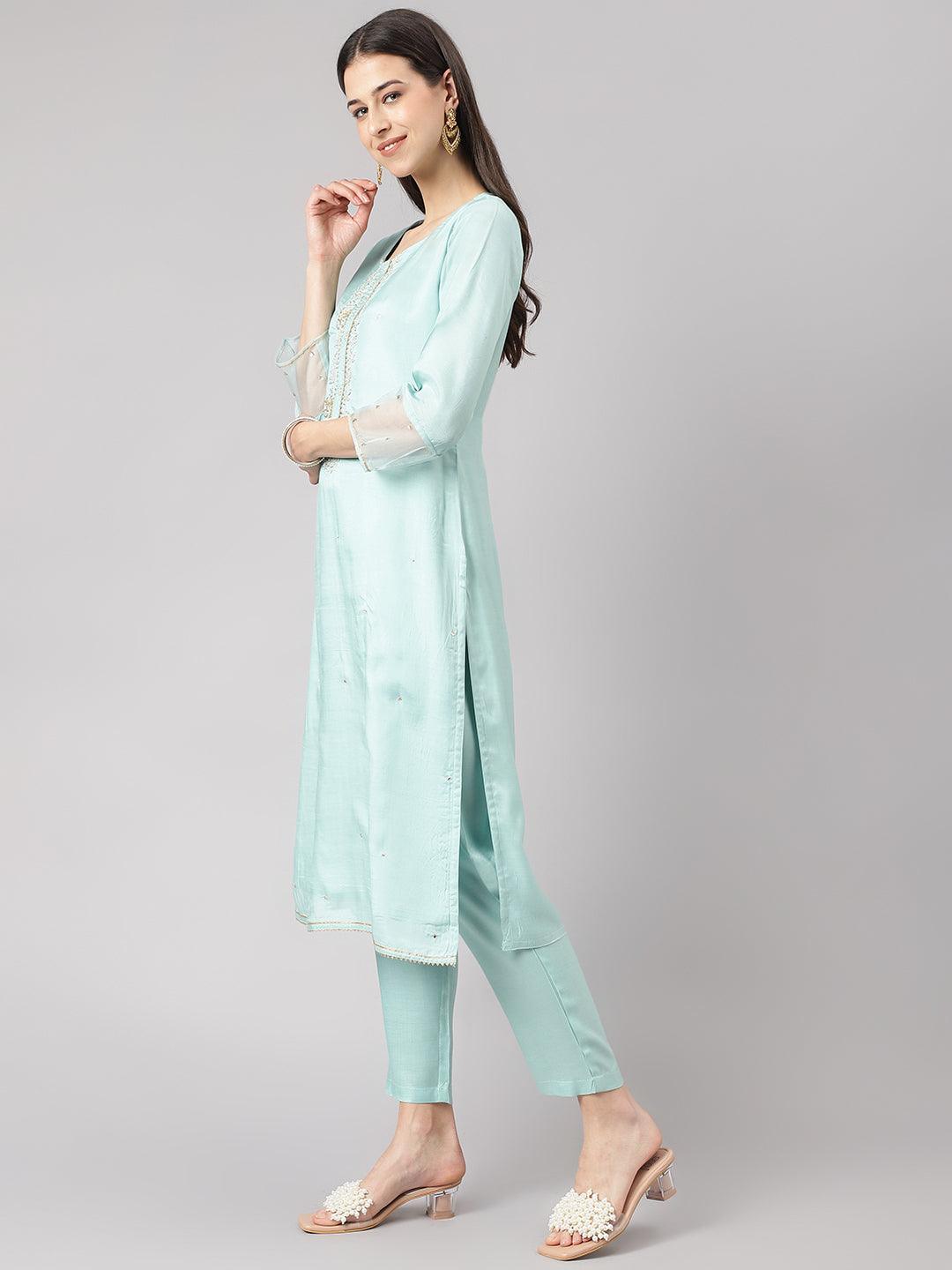 Women's Sea Green Muslin Embroidery Kurta pant Set with Organza Dupatta - Taantav