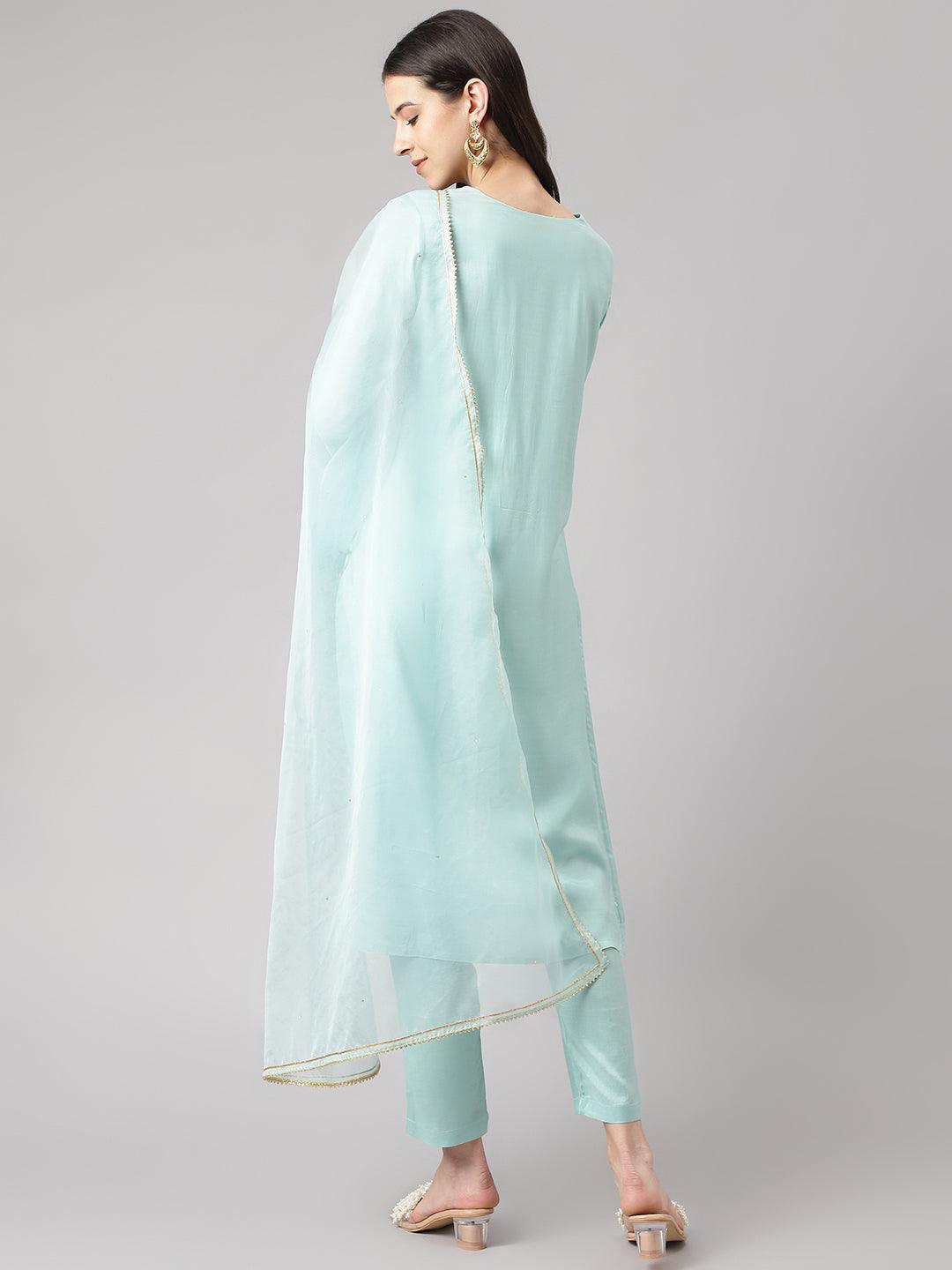 Women's Sea Green Muslin Embroidery Kurta pant Set with Organza Dupatta - Taantav