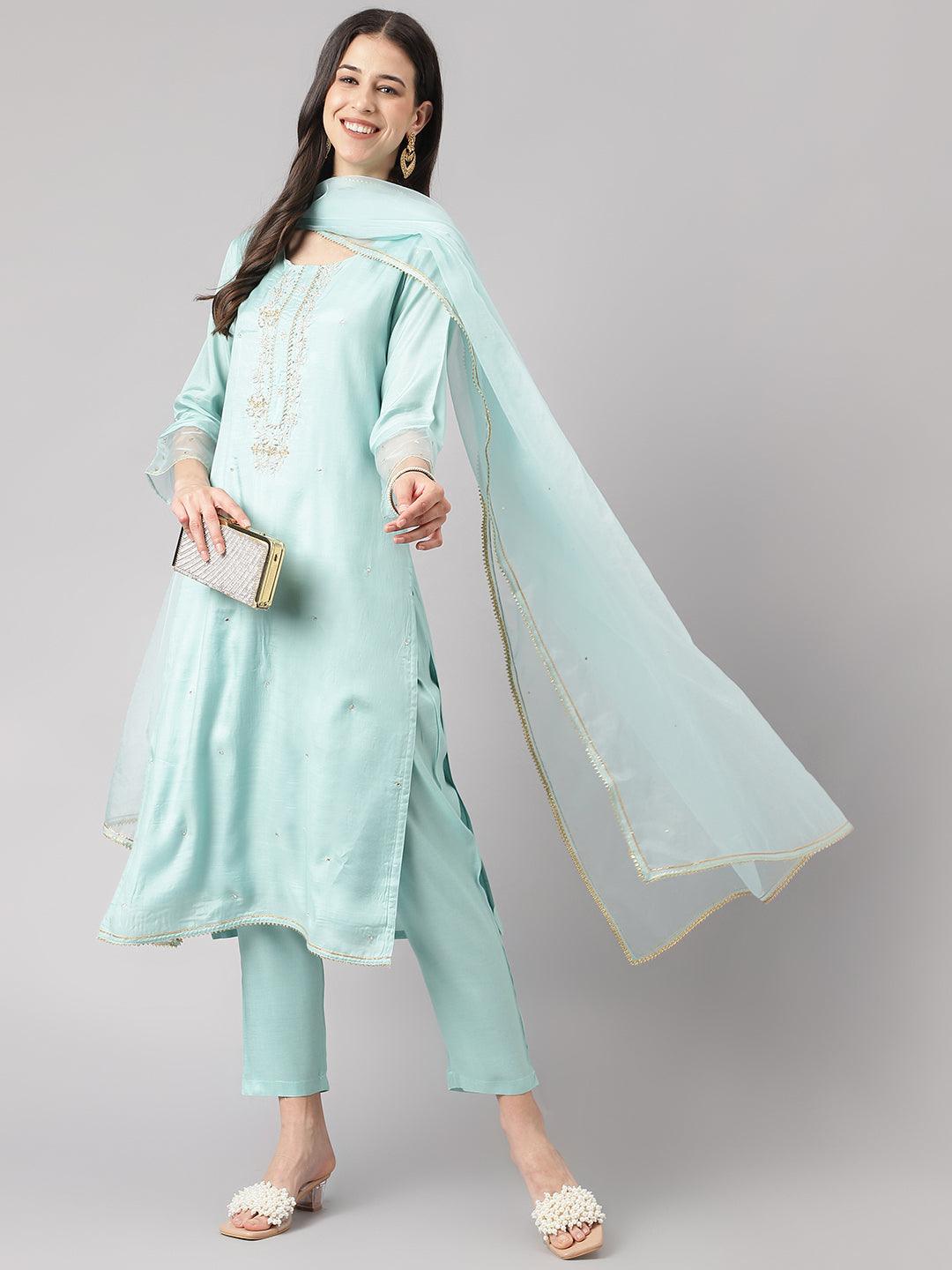 Women's Sea Green Muslin Embroidery Kurta pant Set with Organza Dupatta - Taantav