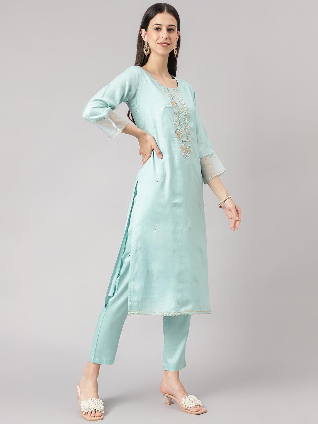 Women's Sea Green Muslin Embroidery Kurta pant Set with Organza Dupatta - Taantav