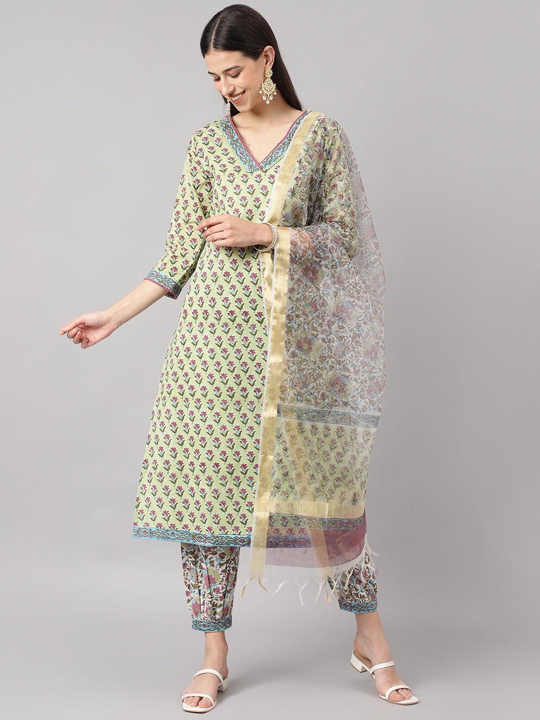 Women's Green and white Cotton Hand Block Printed Kurta Pant set with Dupatta - Taantav