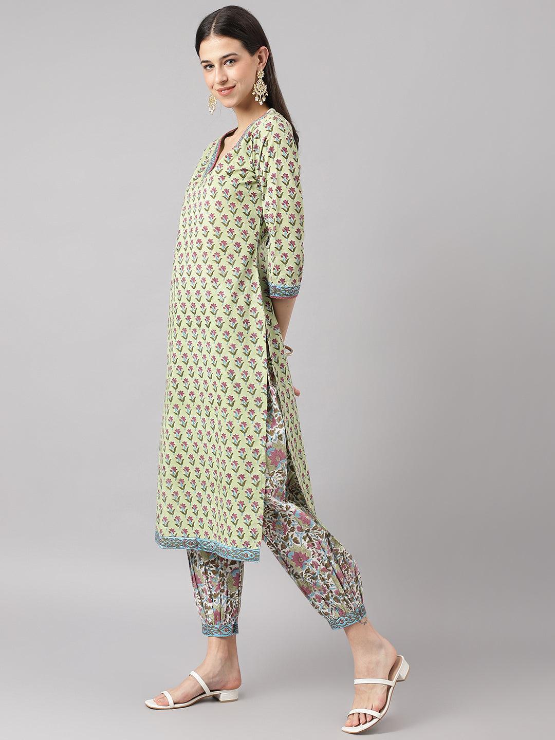 Women's Green and white Cotton Hand Block Printed Kurta Pant set with Dupatta - Taantav