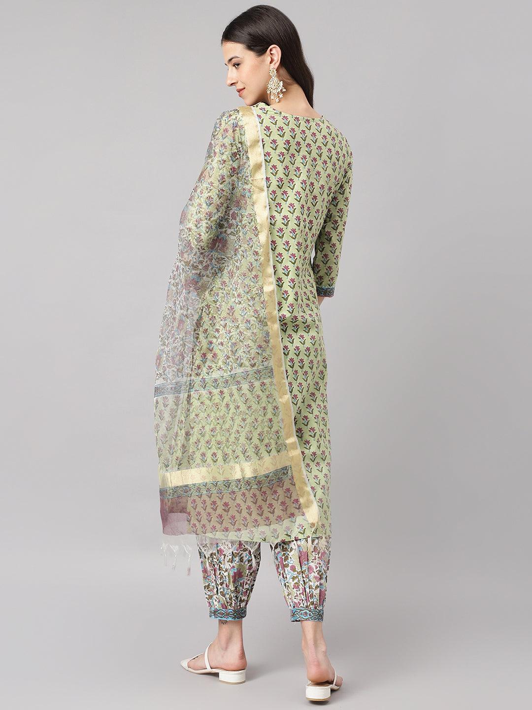 Women's Green and white Cotton Hand Block Printed Kurta Pant set with Dupatta - Taantav