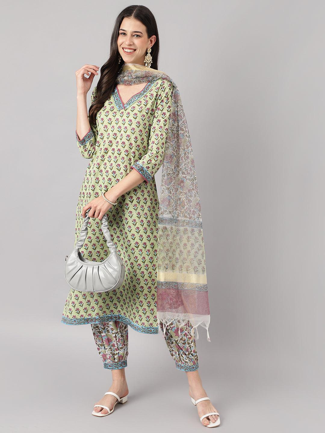 Women's Green and white Cotton Hand Block Printed Kurta Pant set with Dupatta - Taantav