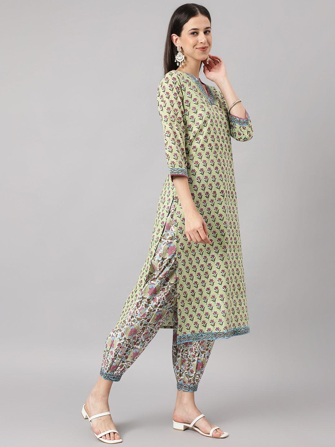 Women's Green and white Cotton Hand Block Printed Kurta Pant set with Dupatta - Taantav