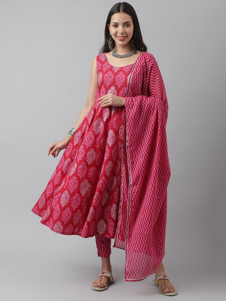 Women's Magenta Floral Cotton Anarkali Kurta Pant Set with Dupatta