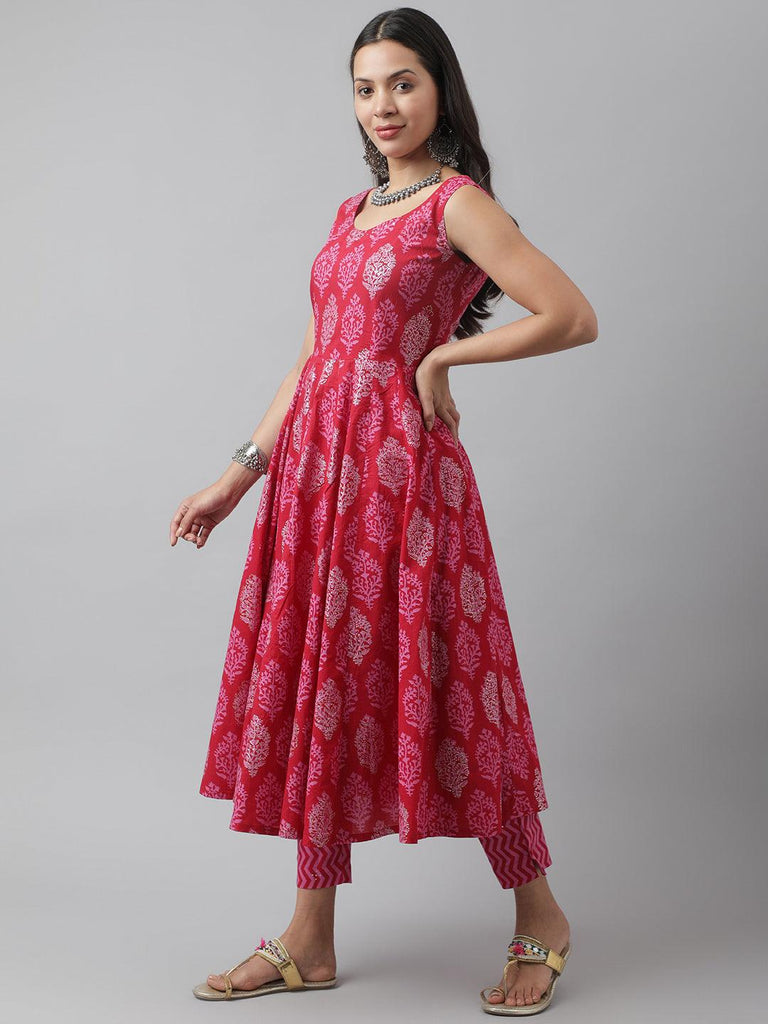 Women's Magenta Floral Cotton Anarkali Kurta Pant Set with Dupatta
