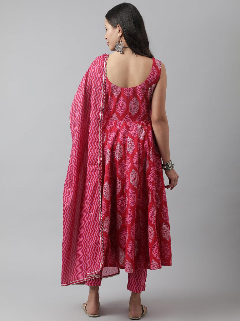 Women's Magenta Floral Cotton Anarkali Kurta Pant Set with Dupatta