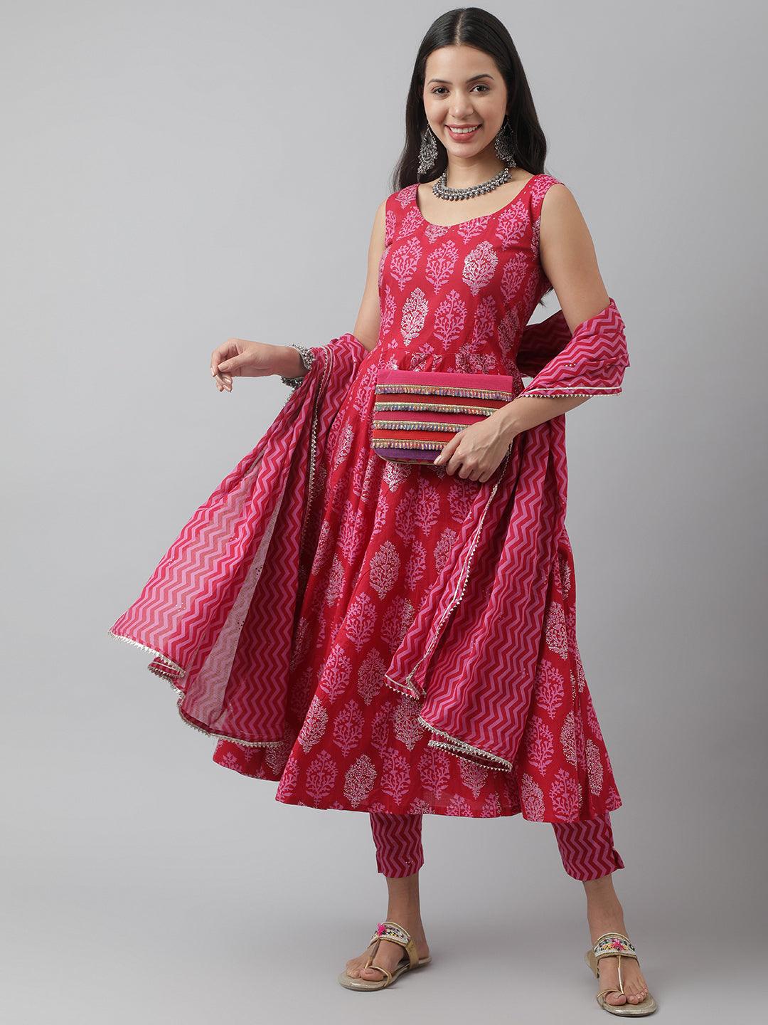 Women's Magenta Floral Cotton Anarkali Kurta Pant Set with Dupatta - Taantav