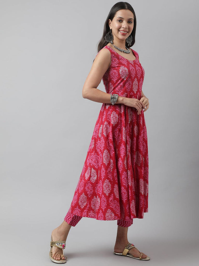 Women's Magenta Floral Cotton Anarkali Kurta Pant Set with Dupatta