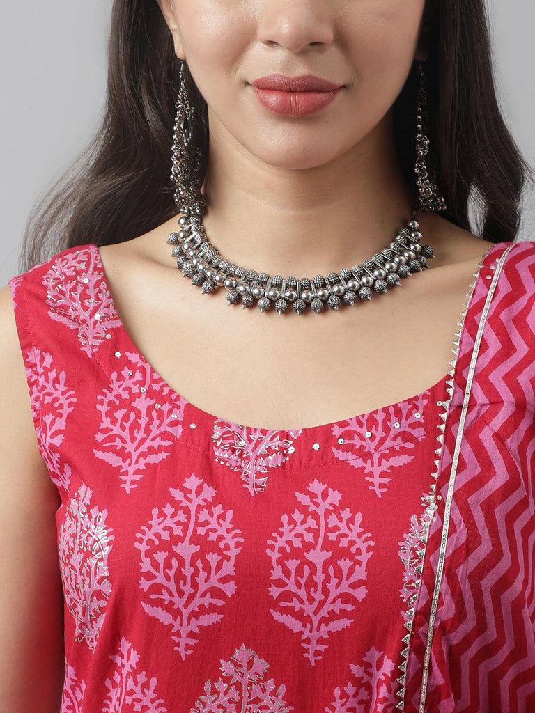 Women's Magenta Floral Cotton Anarkali Kurta Pant Set with Dupatta