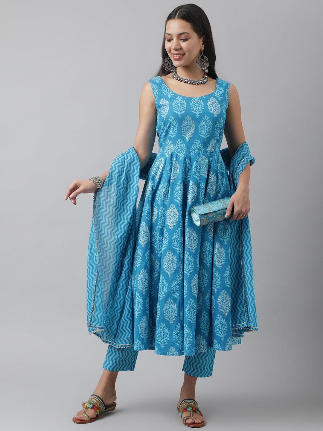 Women's Turquoise Blue Floral Cotton Anarkali Kurta Pant Set with Dupatta - Taantav