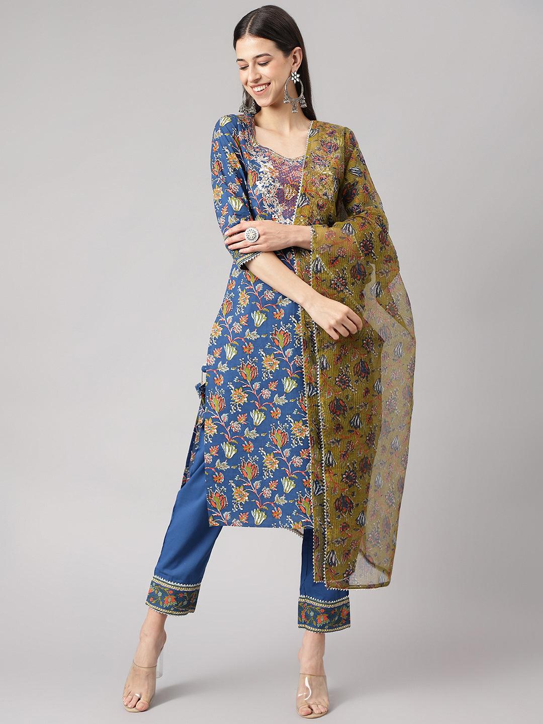 Women's Blue Floral Printed Kurta Pant Set with dupatta - Taantav