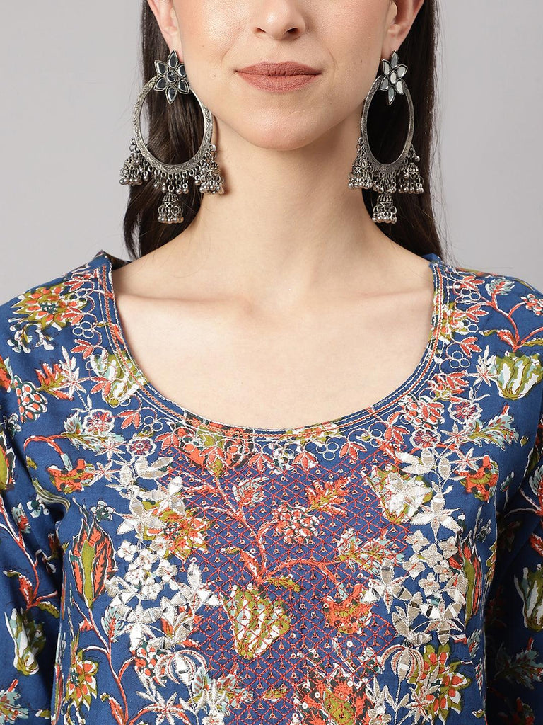 Women's Blue Floral Printed Kurta Pant Set with dupatta